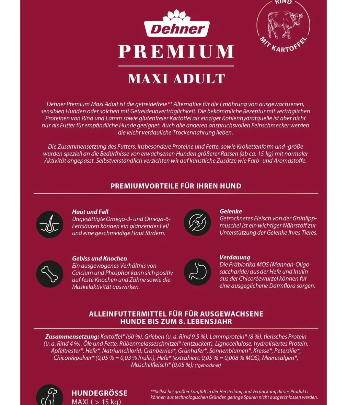 Dehner Premium Trockenfutter für Hunde Maxi Adult, Rind & Kartoffel