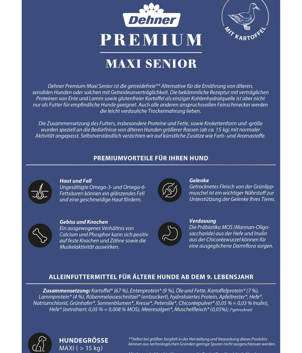 Dehner Premium Trockenfutter für Hunde Maxi Senior, Ente & Kartoffel
