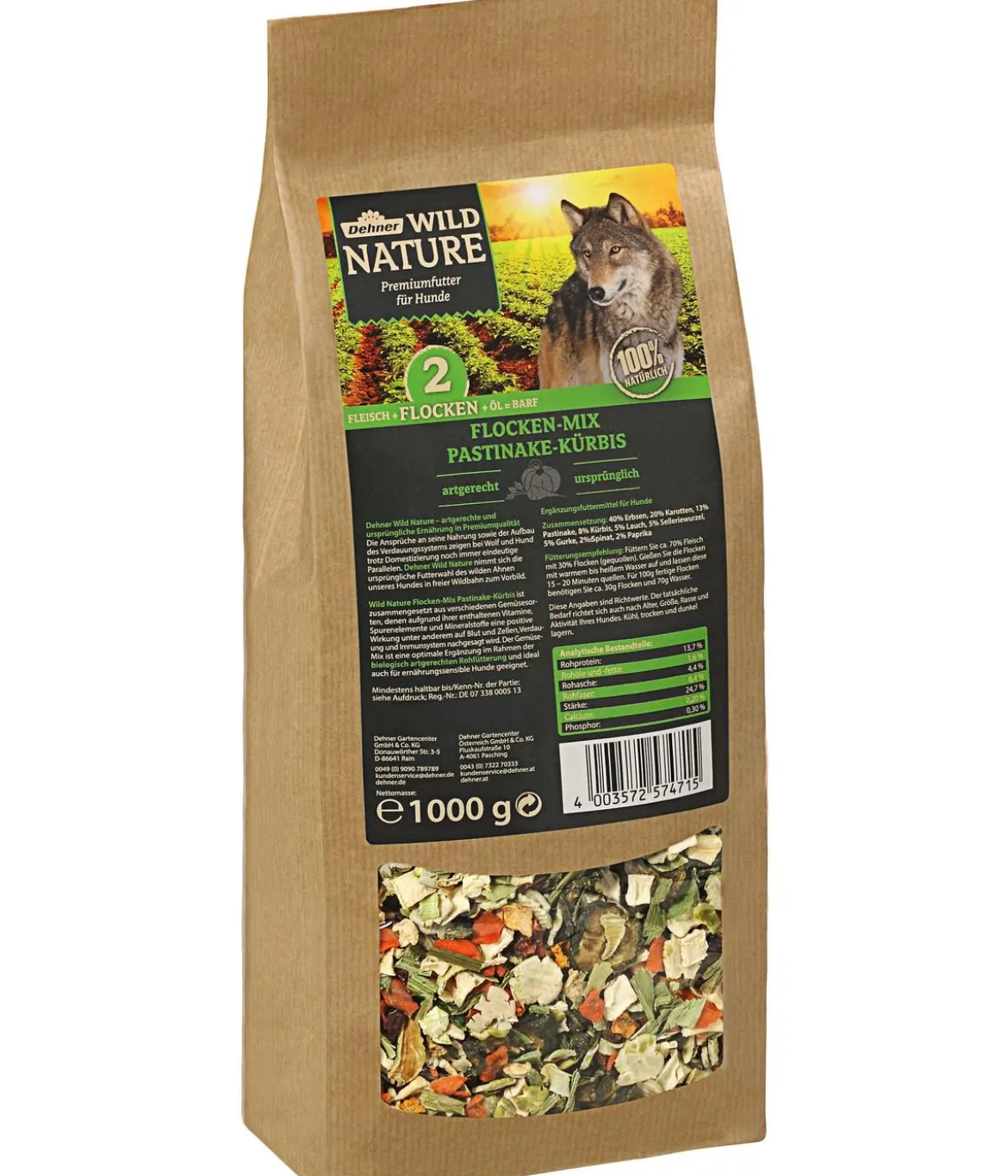 Dehner Wild Nature BARF-Ergänzungsfutter für Hunde Flocken-Mix Pastinake-Kürbis