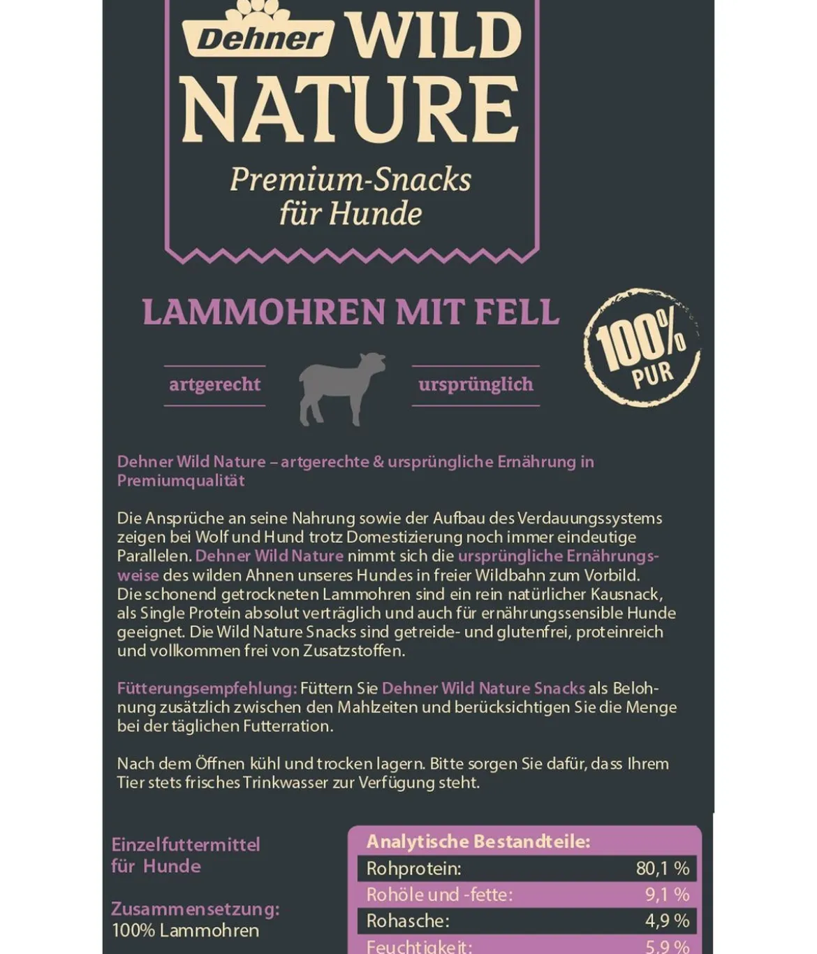 Dehner Wild Nature Hundesnack Lammohren mit Fell, 200 g