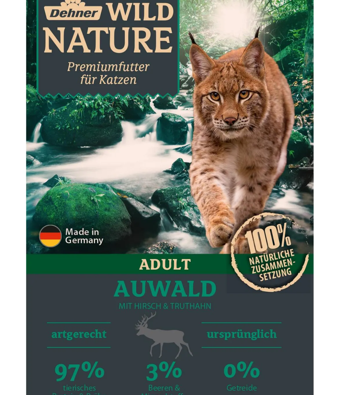 Dehner Wild Nature Nassfutter für Katzen Auwald Adult, Hirsch & Truthahn, 16 x 85 g