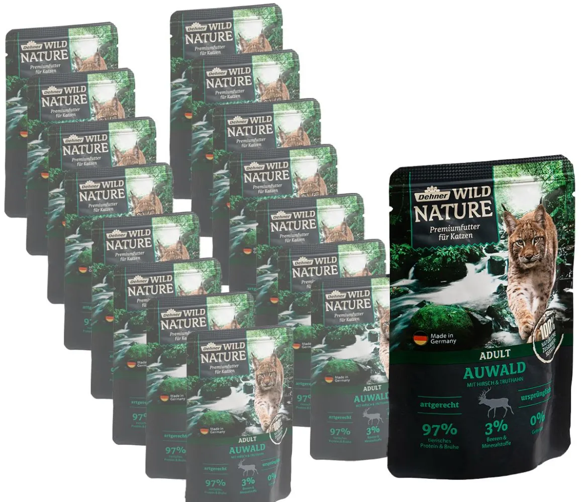 Dehner Wild Nature Nassfutter für Katzen Auwald Adult, Hirsch & Truthahn, 16 x 85 g
