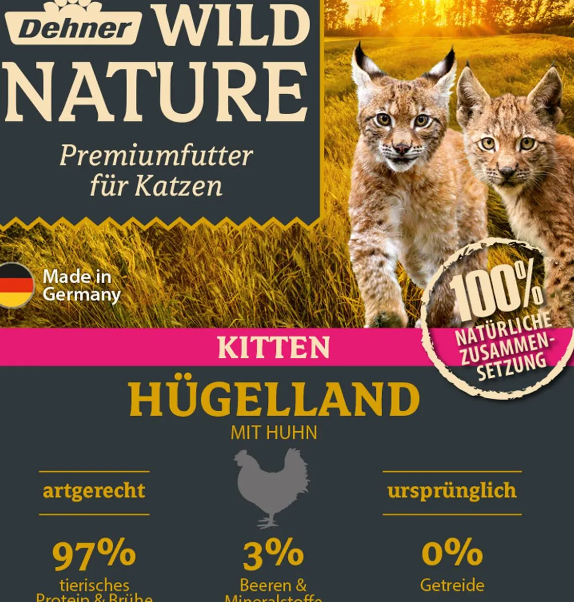 Dehner Wild Nature Nassfutter für Katzen Hügelland Kitten, Huhn, 16 x 100 g