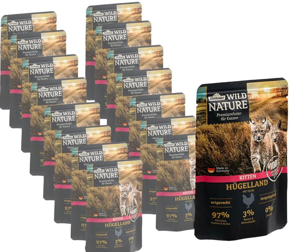 Dehner Wild Nature Nassfutter für Katzen Hügelland Kitten, Huhn, 16 x 85 g