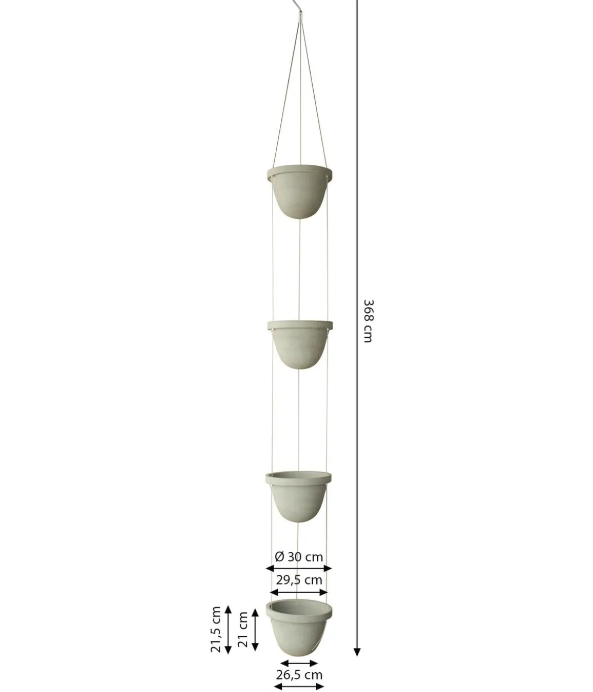 Dehner Zement-Hängetopf mit Kordel, rund, ca. H368 cm