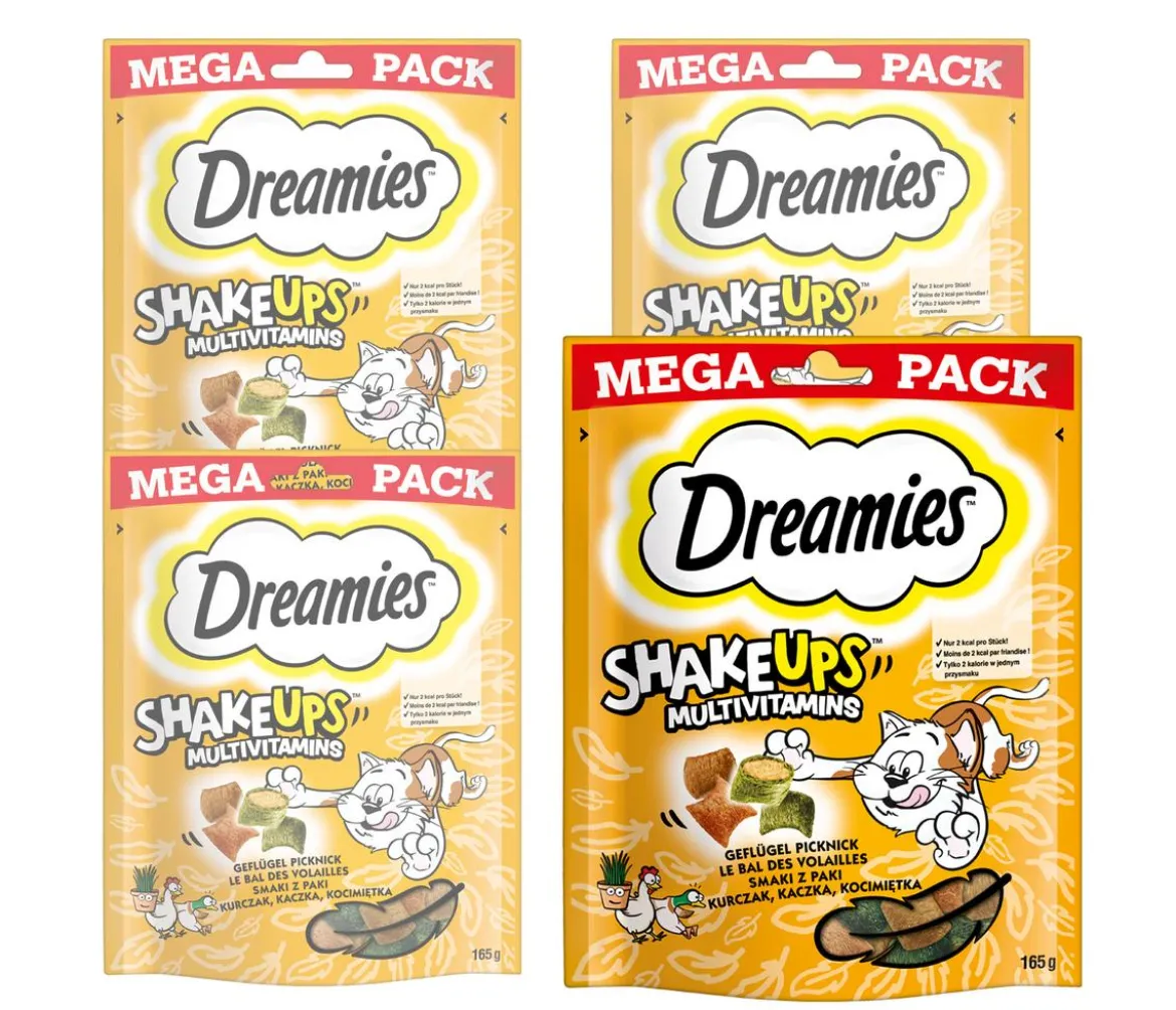 Dreamies™ SHAKE UPS™ Multivitamins Katzensnack Geflügel, 4 x 165 g