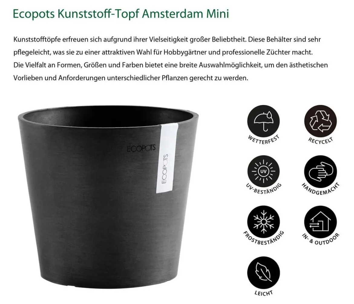 Ecopots Kunststoff-Topf Amsterdam Mini, rund, ca. Ø17/H14,7 cm