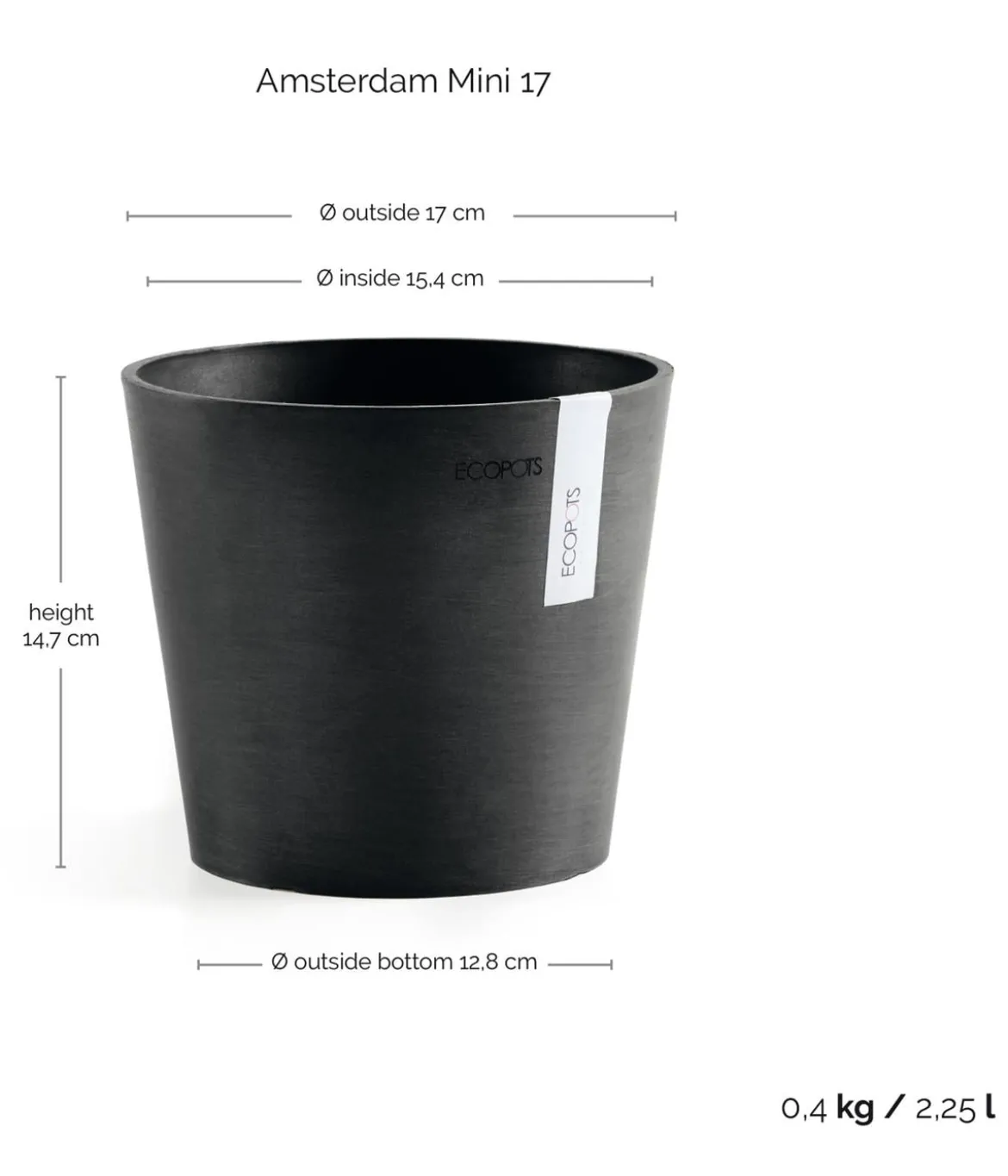 Ecopots Kunststoff-Topf Amsterdam Mini, rund, ca. Ø17/H14,7 cm