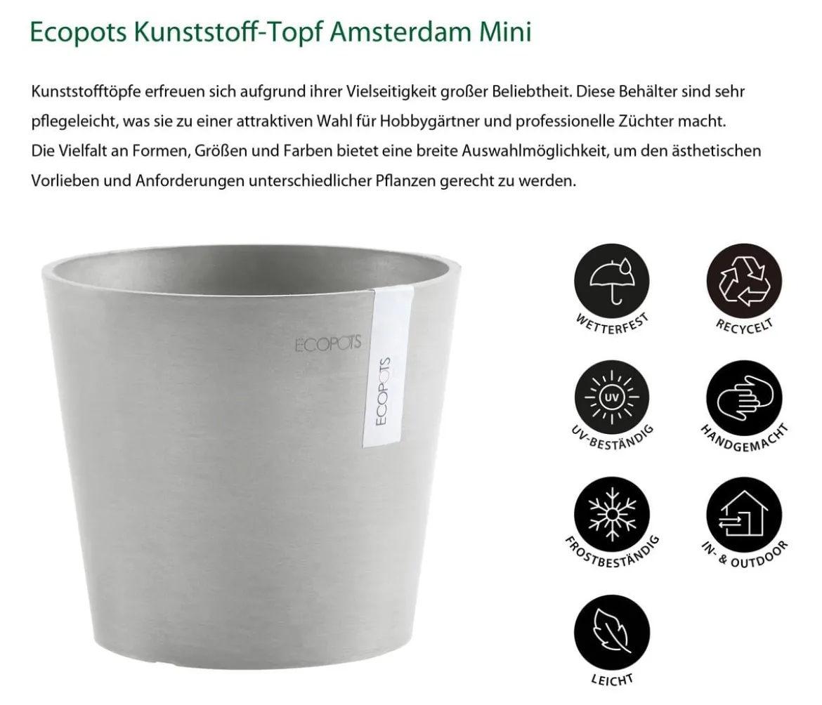 Ecopots Kunststoff-Topf Amsterdam Mini, rund, ca. Ø17/H14,7 cm