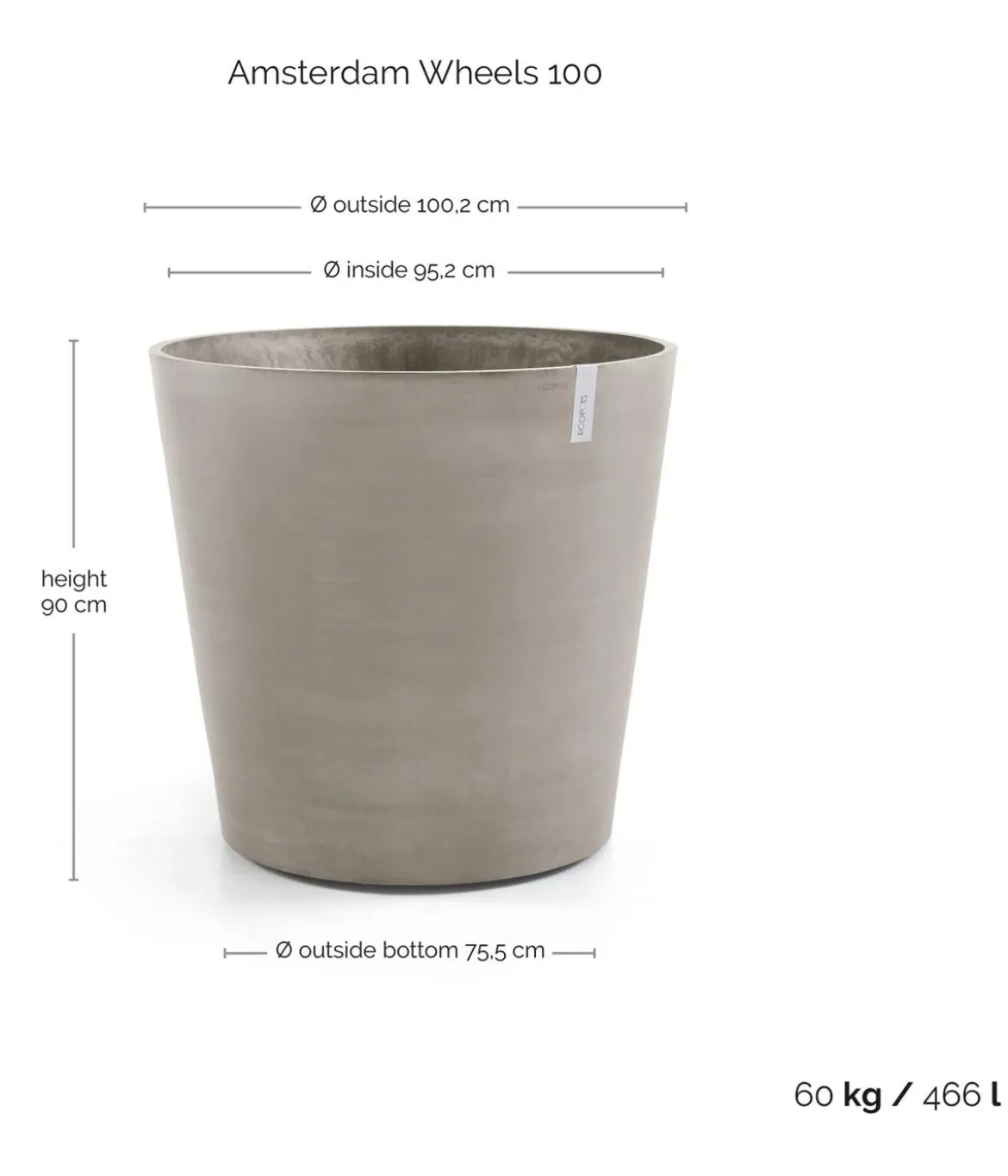 Ecopots Kunststoff-Topf Amsterdam mit Rollen, rund