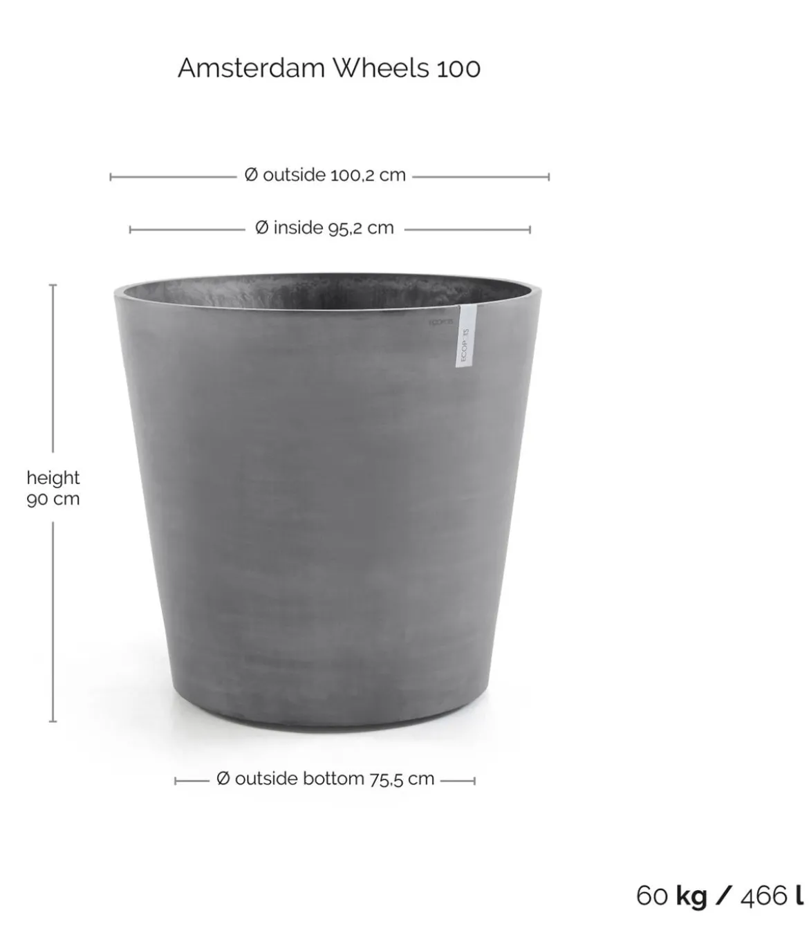 Ecopots Kunststoff-Topf Amsterdam mit Rollen, rund