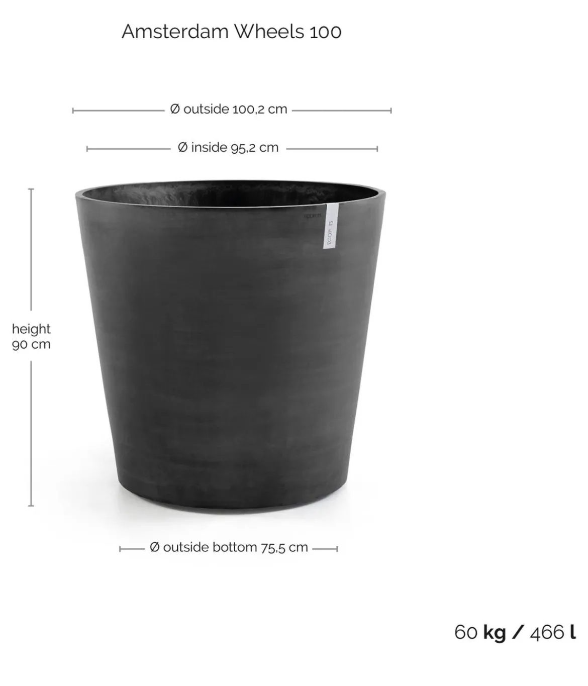 Ecopots Kunststoff-Topf Amsterdam mit Rollen, rund
