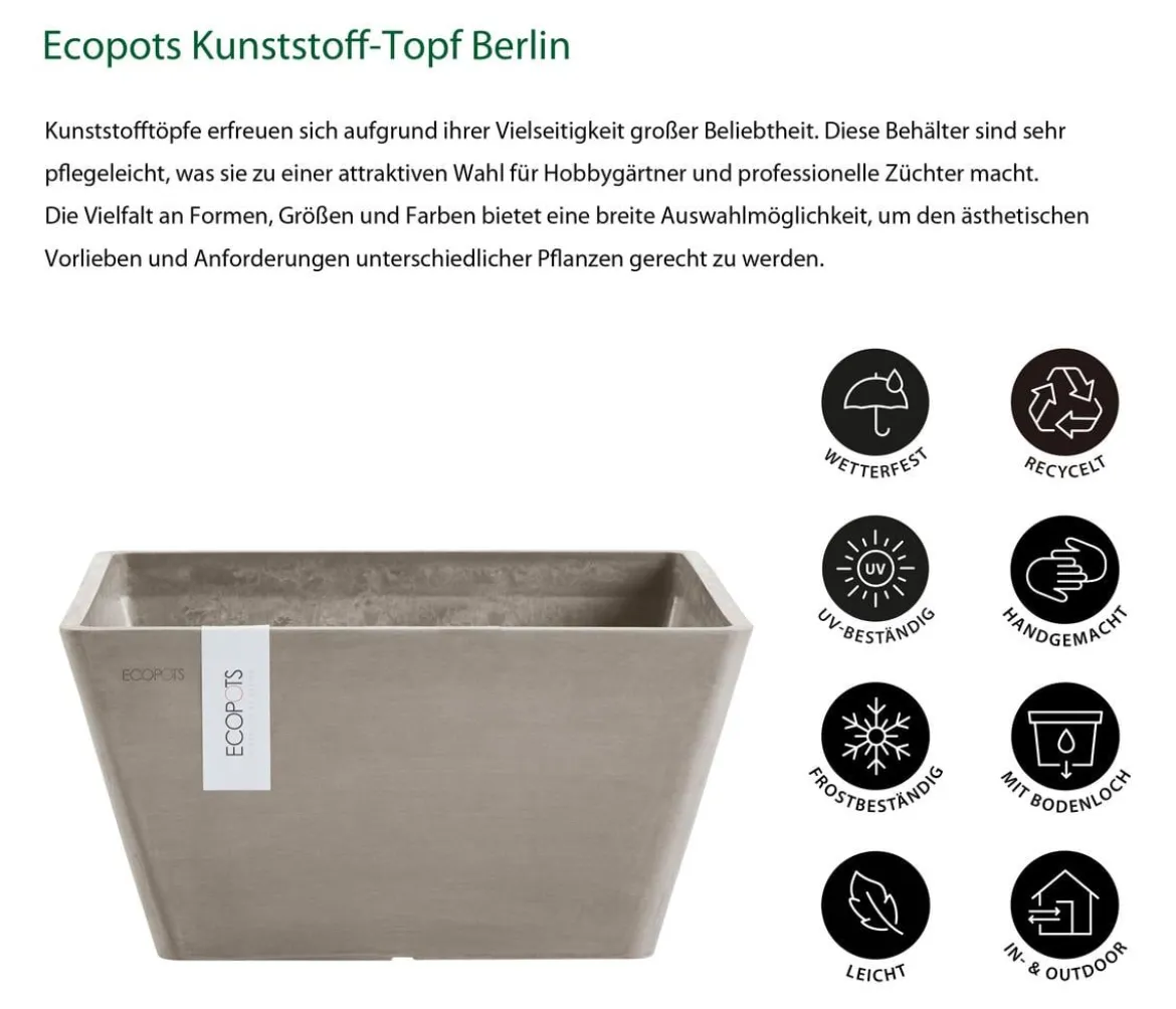 Ecopots Kunststoff-Topf Berlin, quadratisch