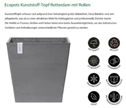Ecopots Kunststoff-Topf Rotterdam mit Rollen und Wassersystem, quadratisch