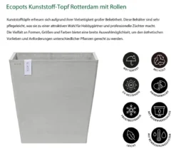 Ecopots Kunststoff-Topf Rotterdam mit Rollen und Wassersystem, quadratisch