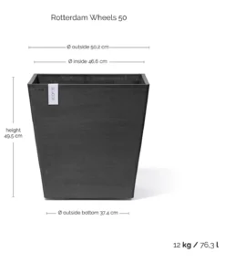 Ecopots Kunststoff-Topf Rotterdam mit Rollen und Wassersystem, quadratisch