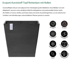 Ecopots Kunststoff-Topf Rotterdam mit Rollen und Wassersystem, quadratisch