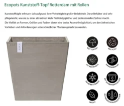 Ecopots Kunststoff-Topf Rotterdam mit Rollen und Wassersystem, quadratisch