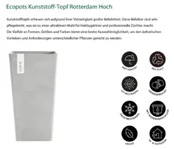 Ecopots Kunststoff-Topf Rotterdam Hoch, quadratisch