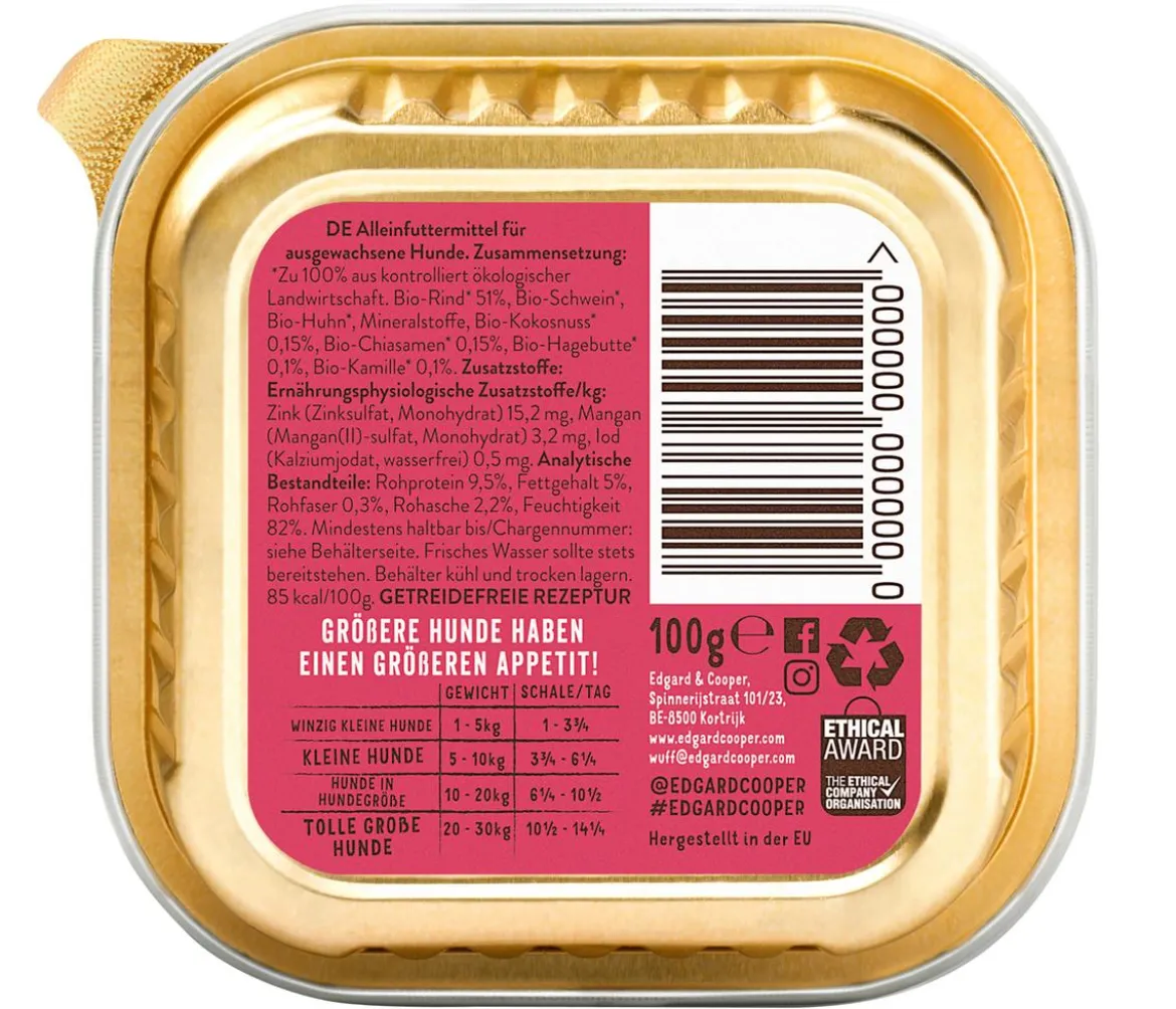 Edgard & Cooper Nassfutter für Hunde, Wunderbares Rind Adult, Bio, 17 x 100 g