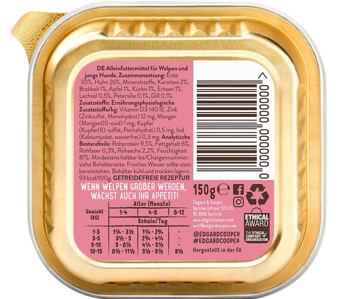 Edgard & Cooper Nassfutter für Hunde, Sagenhafte Ente & Huhn, Junior, 11 x 150 g