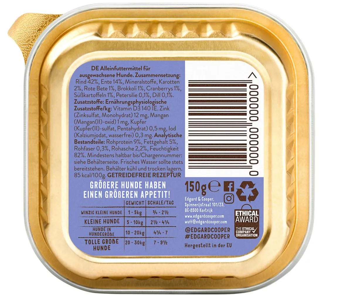 Edgard & Cooper Nassfutter für Hunde, Herrliches Rind & Ente Adult, 11 x 150 g