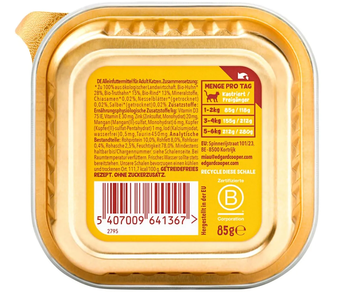 Edgard & Cooper Nassfutter für Katzen Bio Truthahn & Huhn Paté Adult, 16 x 85 g