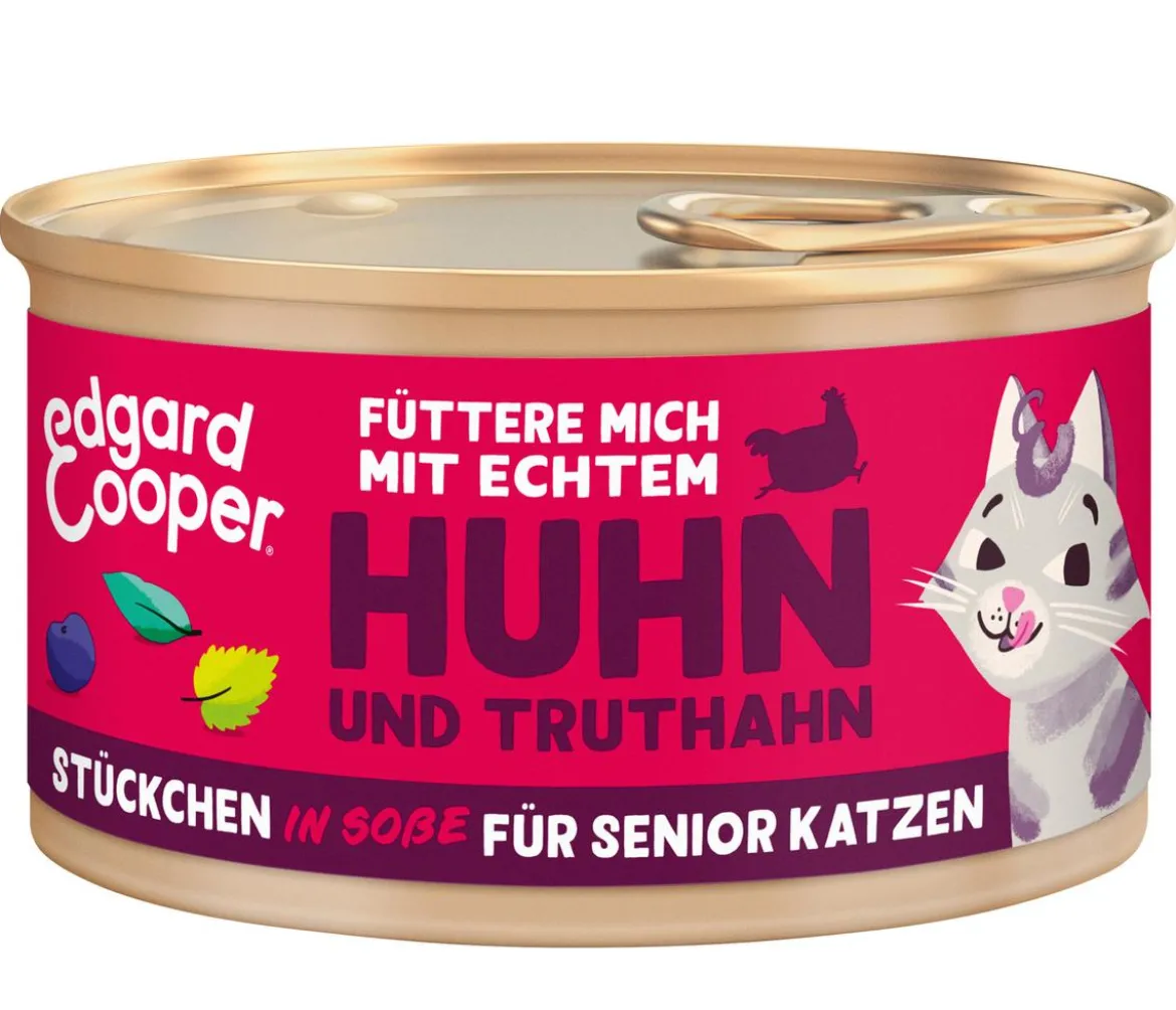 Edgard & Cooper Nassfutter für Katzen Freilauftruthahn & Freilaufhuhn Stückchen in Soße, Senior, 18 x 85 g
