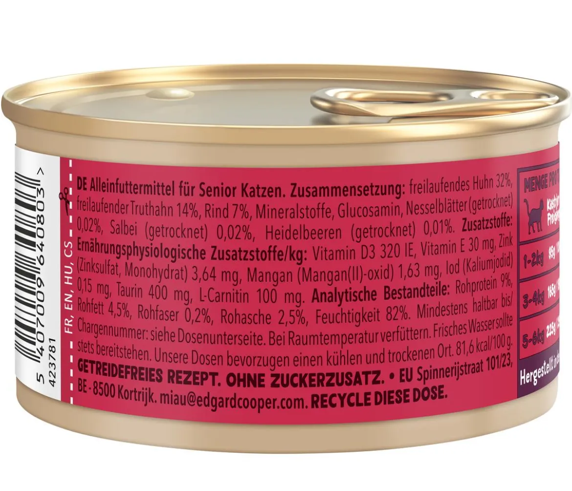 Edgard & Cooper Nassfutter für Katzen Freilauftruthahn & Freilaufhuhn Stückchen in Soße, Senior, 18 x 85 g