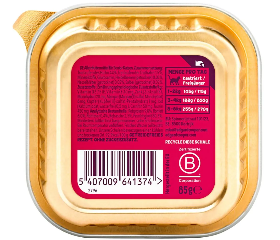 Edgard & Cooper Nassfutter für Katzen Freilaufhuhn & Freilauftruthahn Paté, Senior, 16 x 85 g