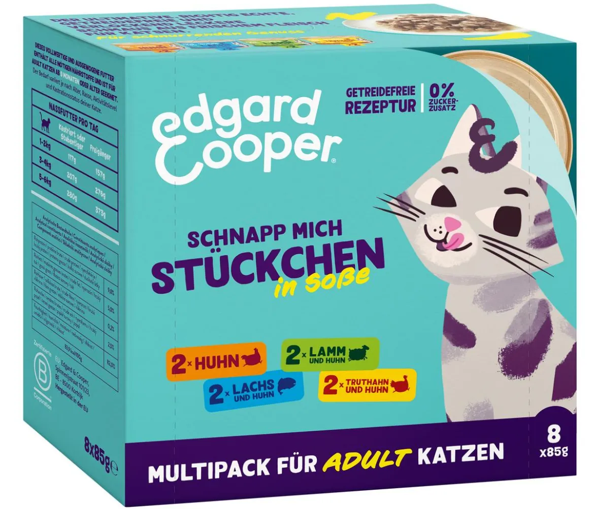 Edgard & Cooper Nassfutter für Katzen Mischpaket Stückchen in Soße Adult, 6 x 8x85 g