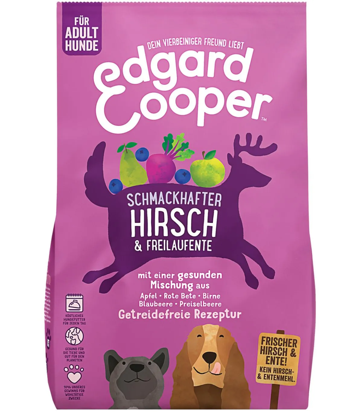 Edgard & Cooper Trockenfutter für Hunde, Schmackhafter Hirsch & Freilaufente Adult