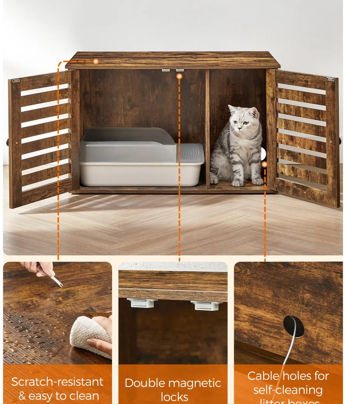 Feandrea Katzenklo-Schrank mit Türen, vintagebraun, ca. B80/H49,2/T53 cm