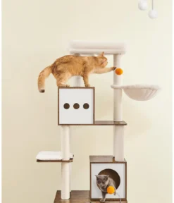 Feandrea Kratzbaum mit Katzenklo-Schrank, braun/weiß, ca. B104/H185/T61 cm