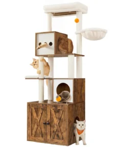 Feandrea Kratzbaum mit Katzenklo-Schrank, braun/weiß, ca. B104/H185/T61 cm