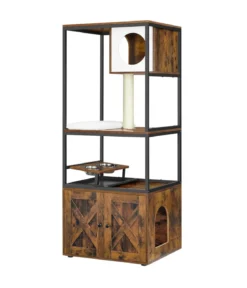Feandrea Kratzbaum mit Katzenklo-Schrank, braun/weiß, ca. B61/H146/T50 cm