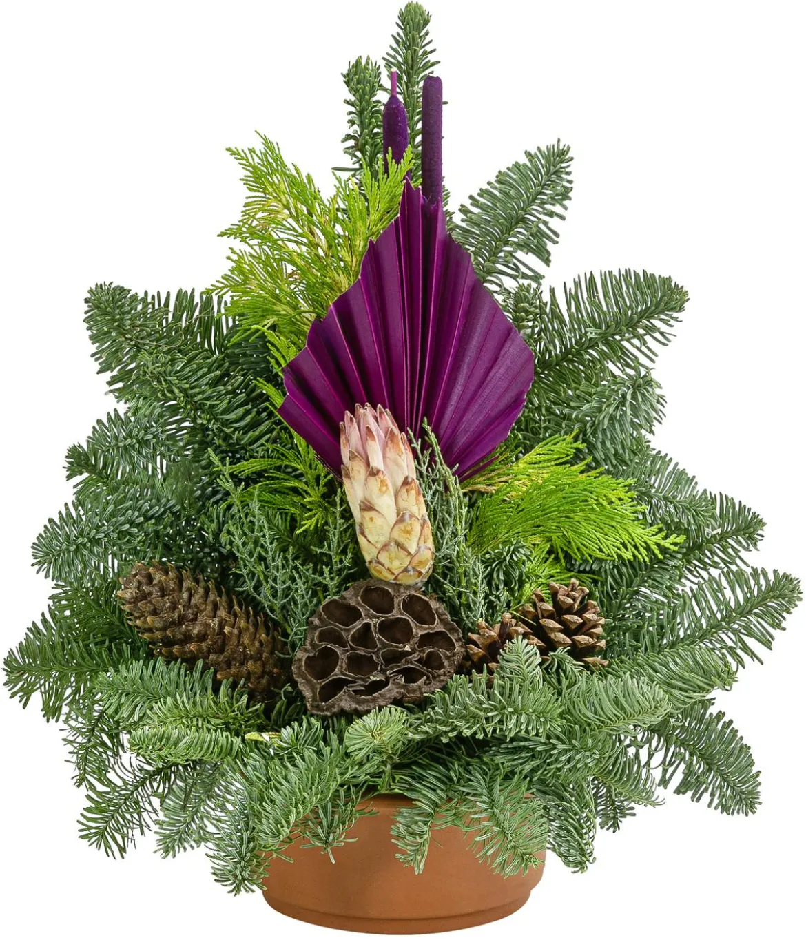 Grabgesteck in Ton-Schale, lila/natur, ca. B36/H40/T24 cm