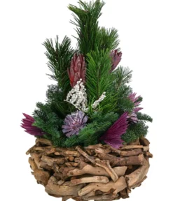 Grabgesteck in Wurzelholz-Schale, lila, ca. Ø35/H60 cm
