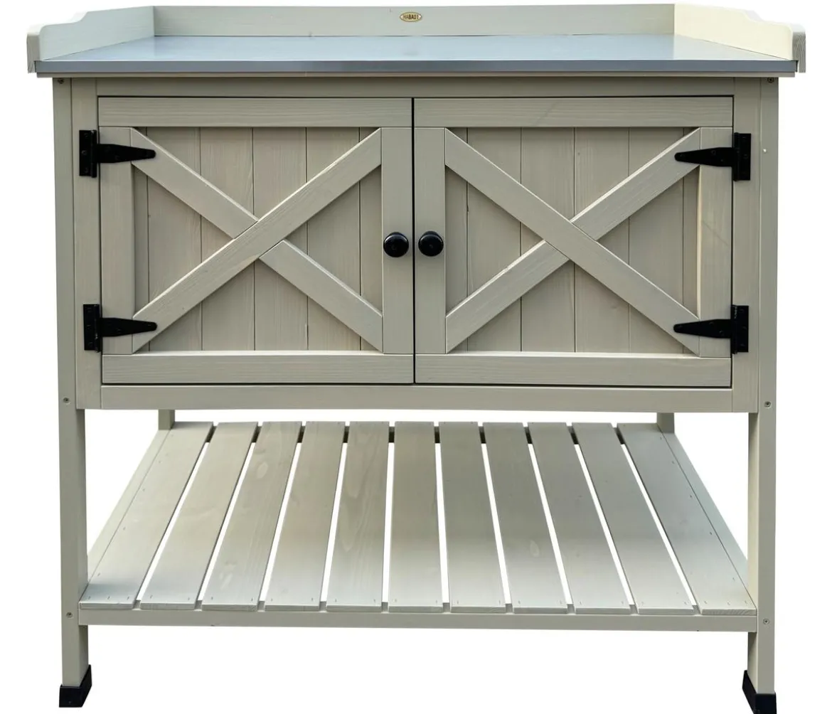 Habau Holz-Pflanztisch mit Unterschrank und Ablage, grau, ca. B98/H97,5/T48 cm