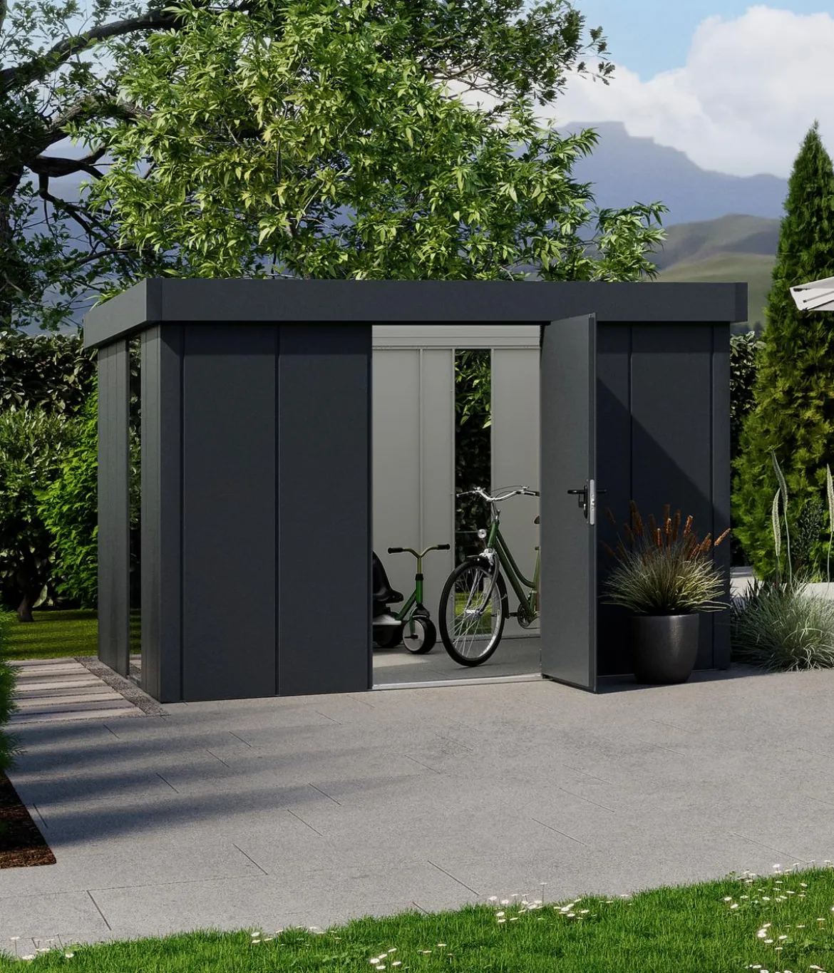 Hörmann Metallgerätehaus Juno JFD14 L-Sk Motiv Design bodentiefes Fenster, ca. B325/H222/T325 cm