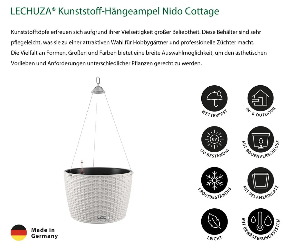 LECHUZA® Kunststoff-Hängeampel Nido Cottage inkl. Pflanzeinsatz, rund, ca. Ø36,3/H24,2 cm