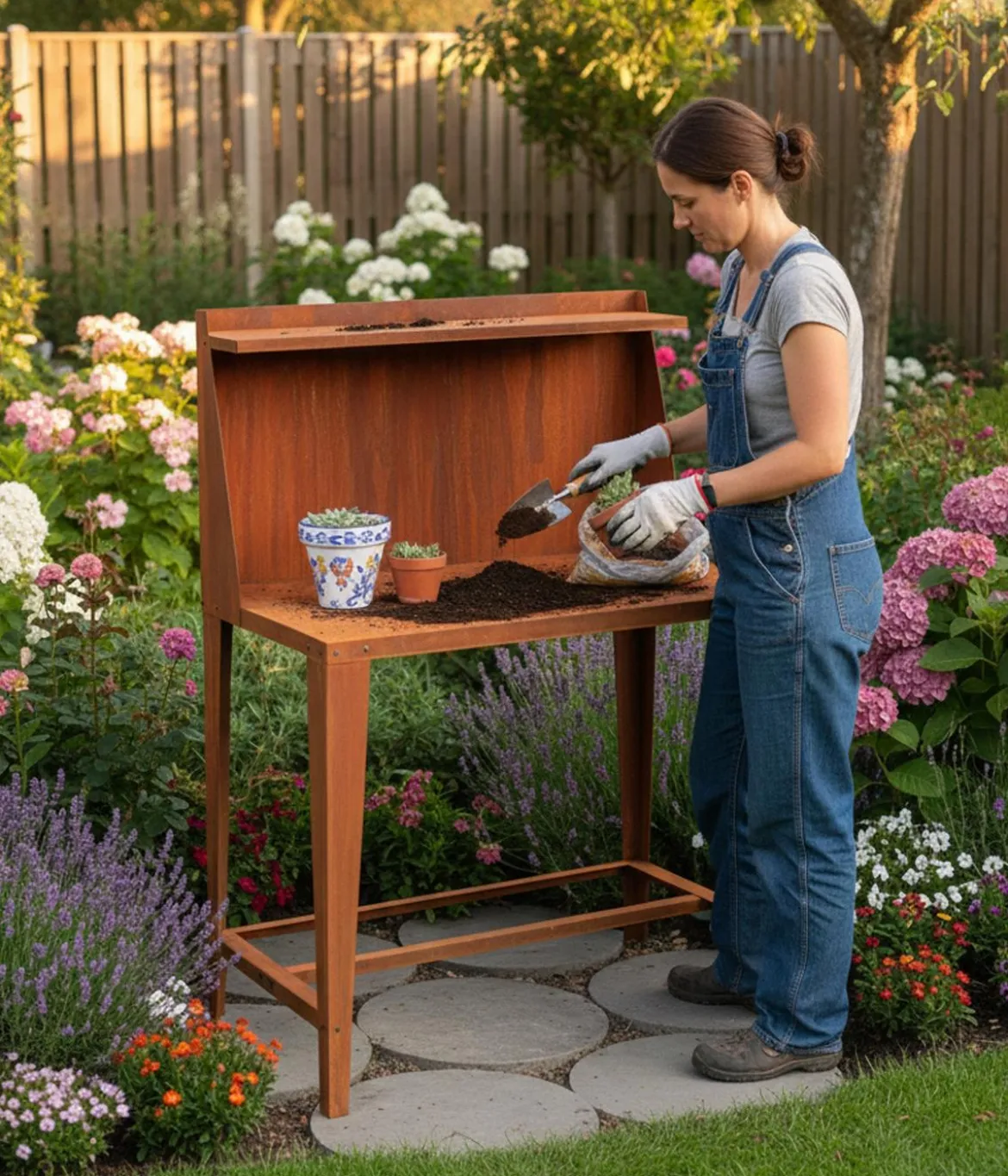 Palatino Cortenstahl-Arbeitstisch "Palatino II" mit Rückwand, ca. B100/H145/T60 cm