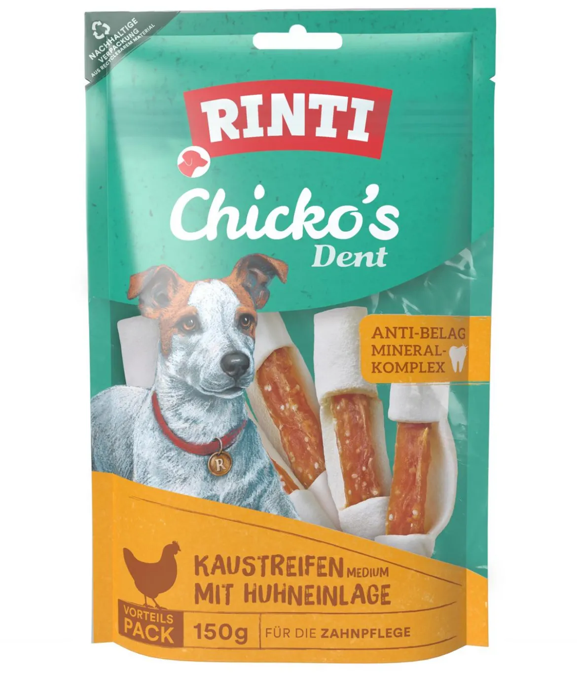 RINTI Hundesnack Chicko's Dent Kaustreifen mit Huhneinlage, Medium, 150 g