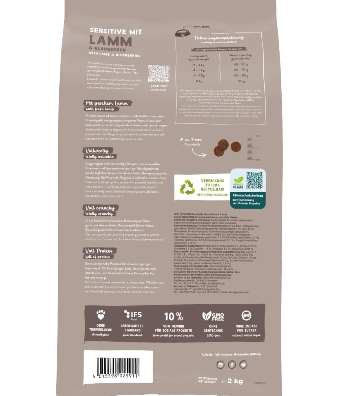 Sanabelle® Trockenfutter für Katzen Sensitiv Adult, Lamm & Blaubeeren