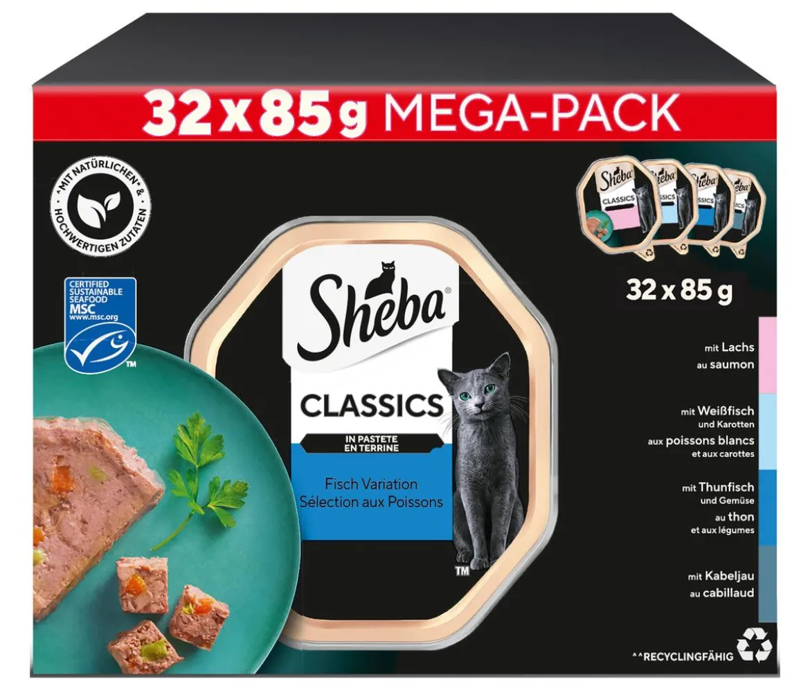 Sheba® Nassfutter für Katzen Classics in Pastete Multipack Adult, Fisch Variation, 32 x 95 g
