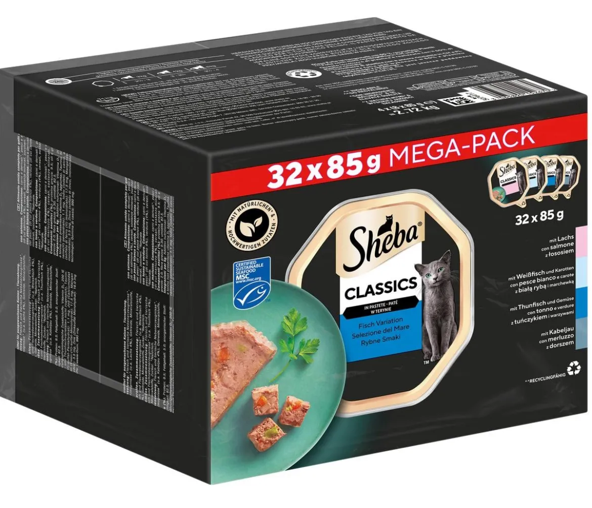 Sheba® Nassfutter für Katzen Classics in Pastete Multipack Adult, Fisch Variation, 32 x 95 g