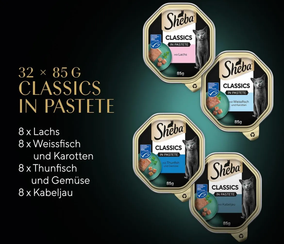 Sheba® Nassfutter für Katzen Classics in Pastete Multipack Adult, Fisch Variation, 32 x 95 g