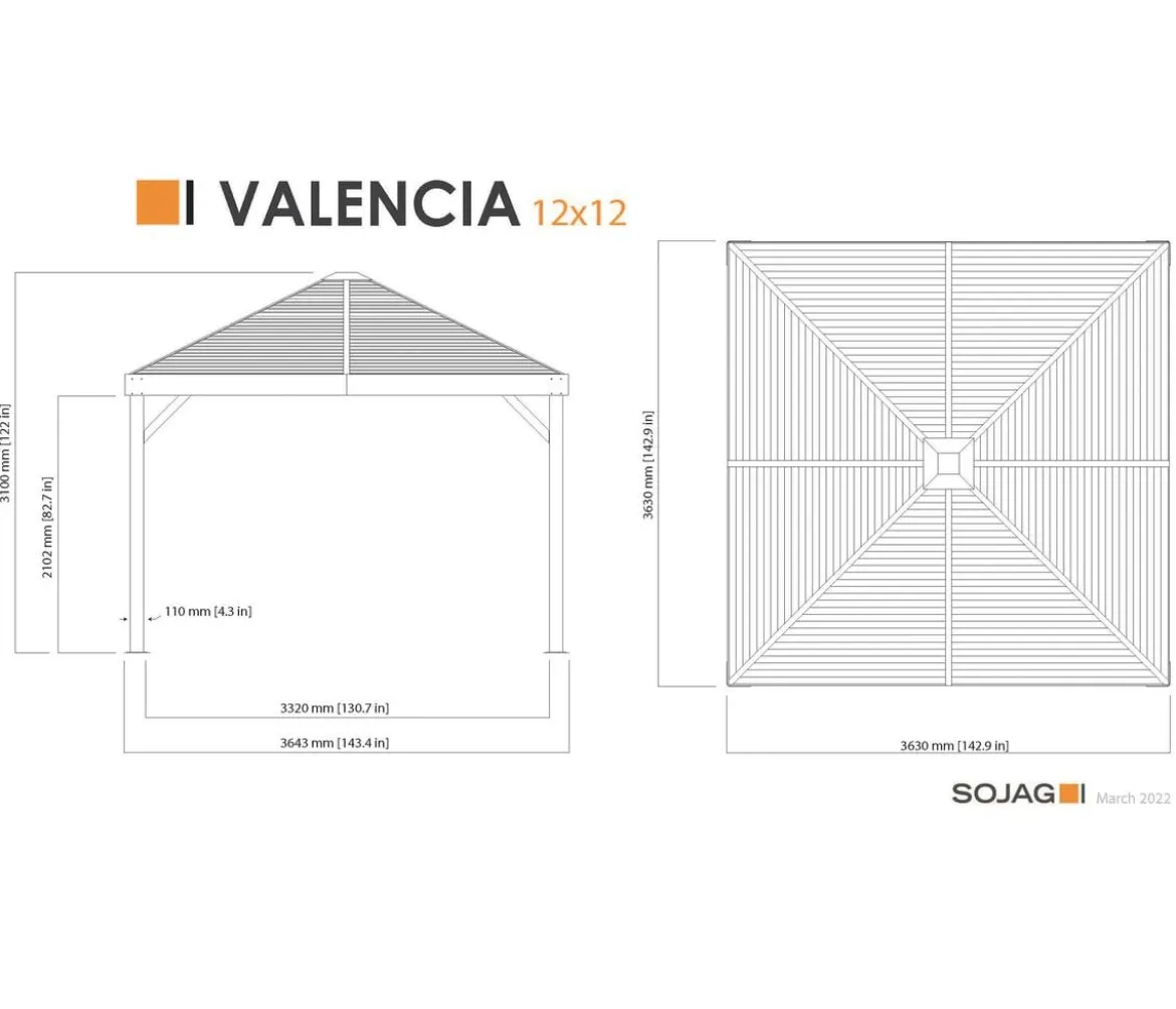 Sojag Pavillon Valencia 12x12, inkl. Moskitonetz, ca. B363/H310/T363 cm
