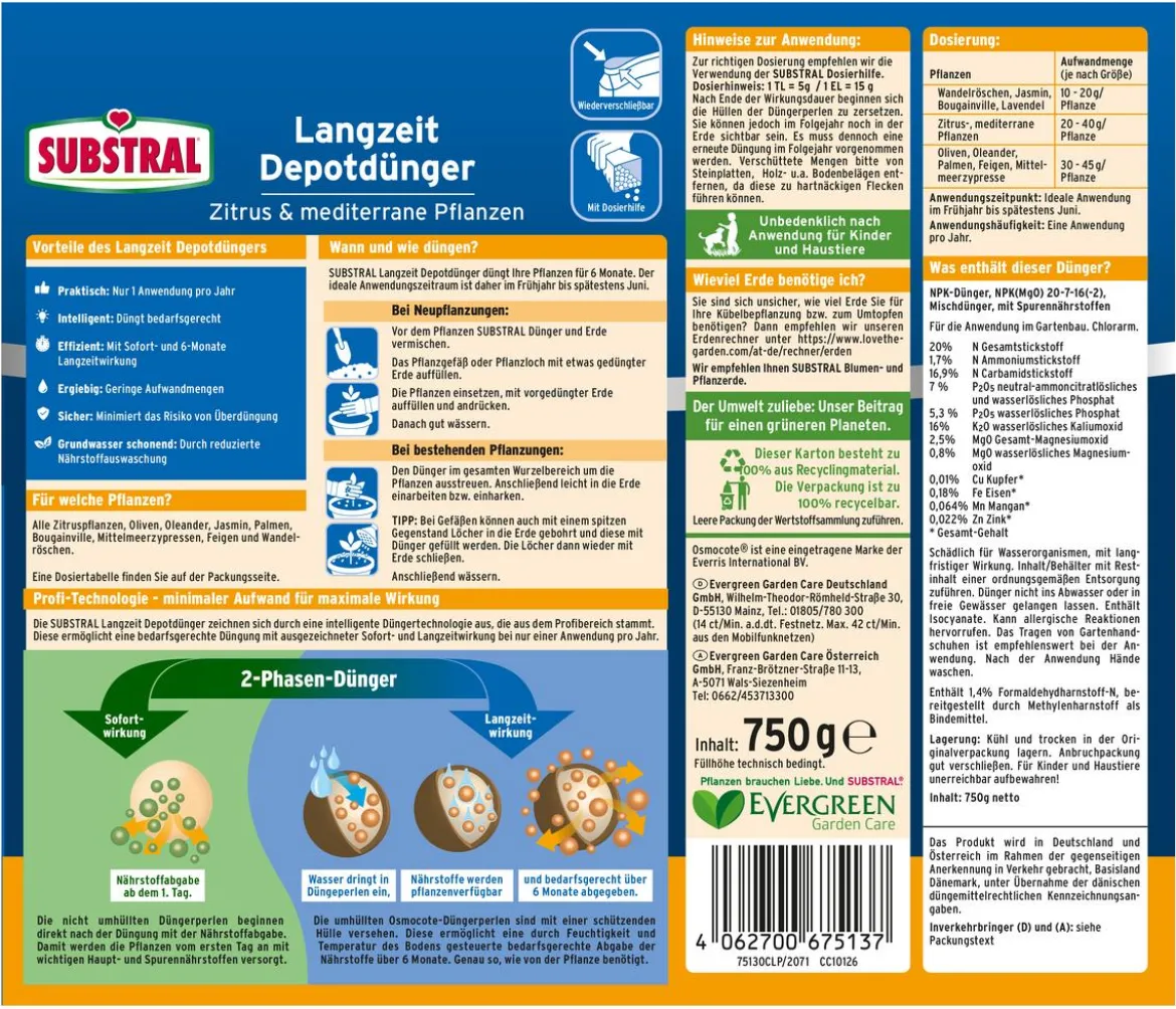 Substral® Langzeit Depotdünger für Zitrus- & mediterrane Pflanzen, 750 g