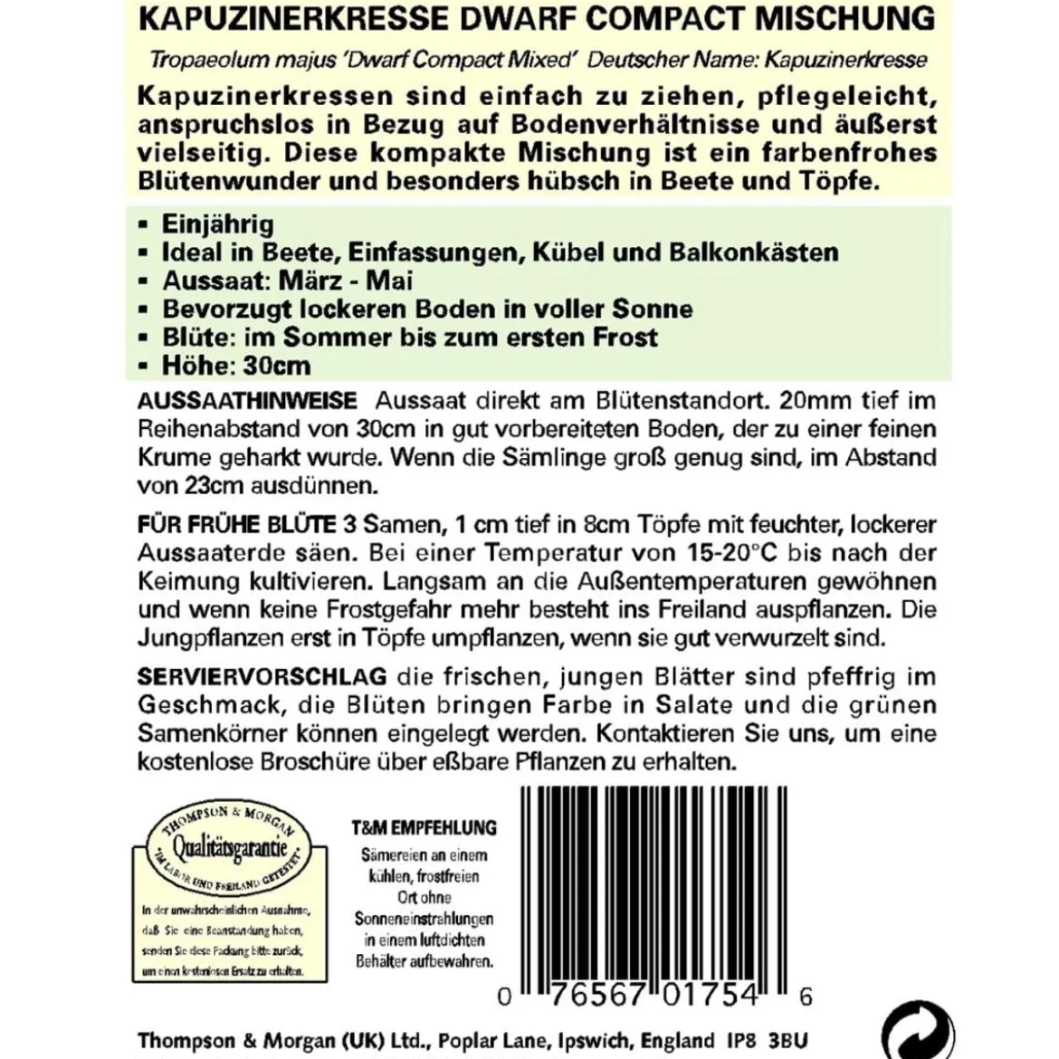 Thompson & Morgan Samen Kapuzinerkresse 'Dwarf Compact Mischung'